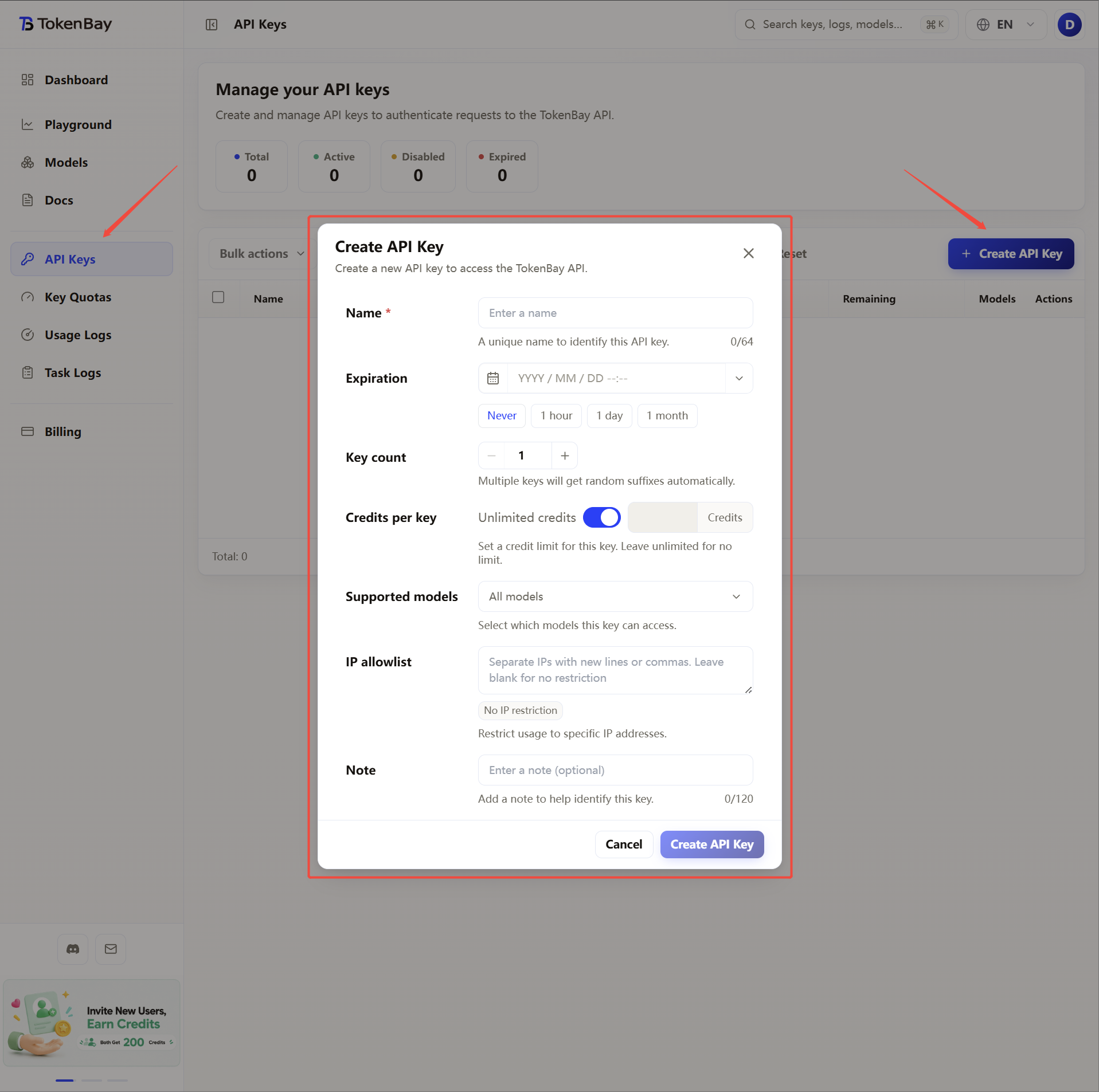 Console create API key